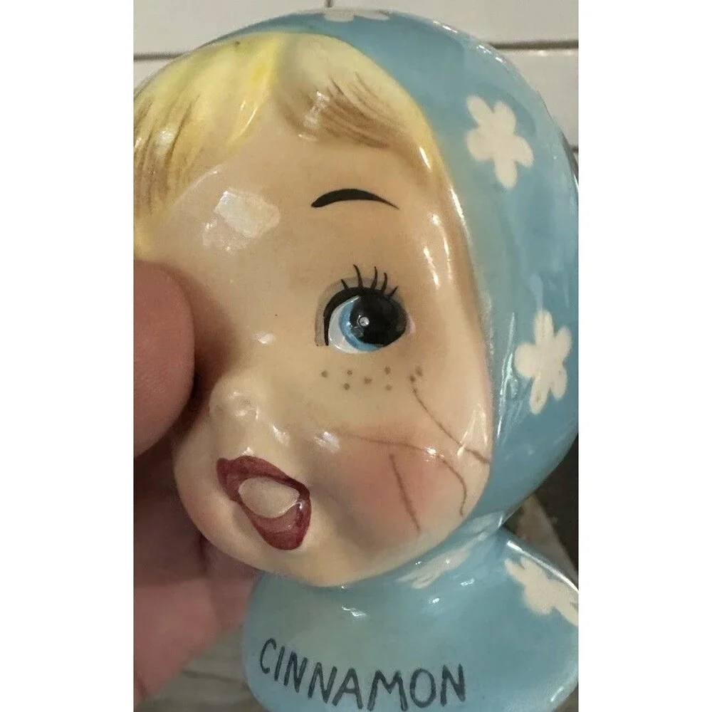 Vtg Napco Miss Cutie Pie Blue Spice Shaker Set Paprika Allspice Cinnamon Garlic